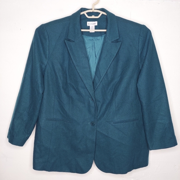 Vtg Wool Blazer Jacket Plus 26W Teal Two-Button Pocket V-Neck Long Sleeve JGHook - Picture 1 of 2